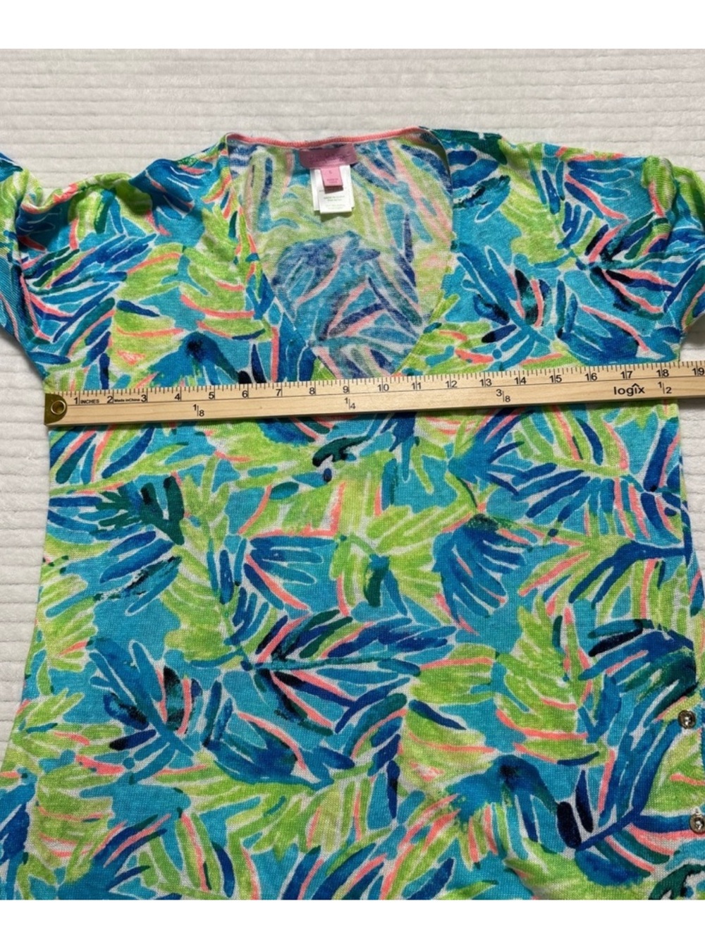 Lilly Pulitzer Blue Green Pink Tropical Leaf V-Neck Long Sleeve Top - Picture 8 of 11